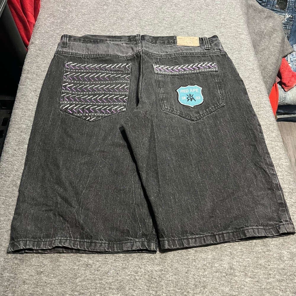 Red Ape Mens Black Denim Shorts Baggy Embroidered Y2K Hip Hop Size 42